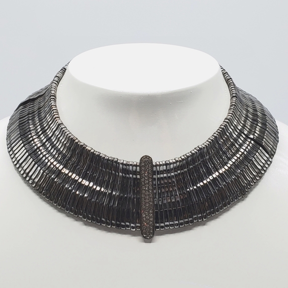 Gunmetal Metal Bar Choker Statement Necklace with Crystal Center‎ - Picture 6 of 6